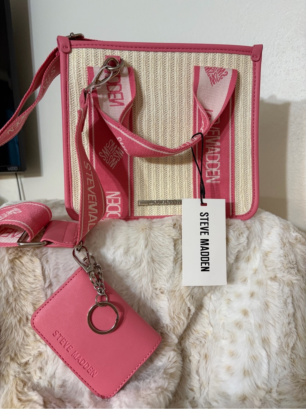Steve Madden Pink & Cream Straw Crossbody Tote with Logo Strap